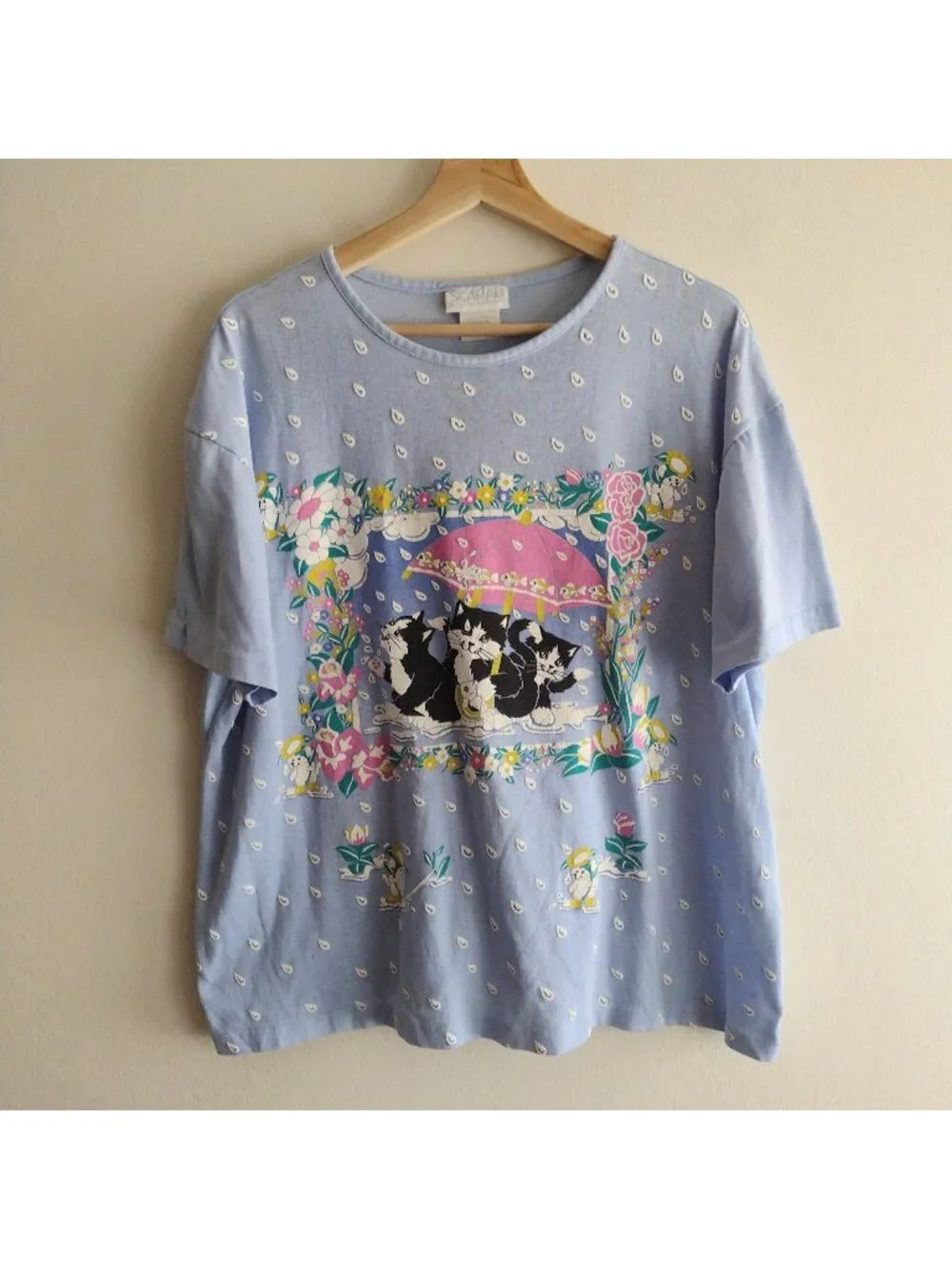 Vtg 90s Kitty Puffy Print Shirt L Blue Spring Showers Scarab Tee - Picture 1 of 8